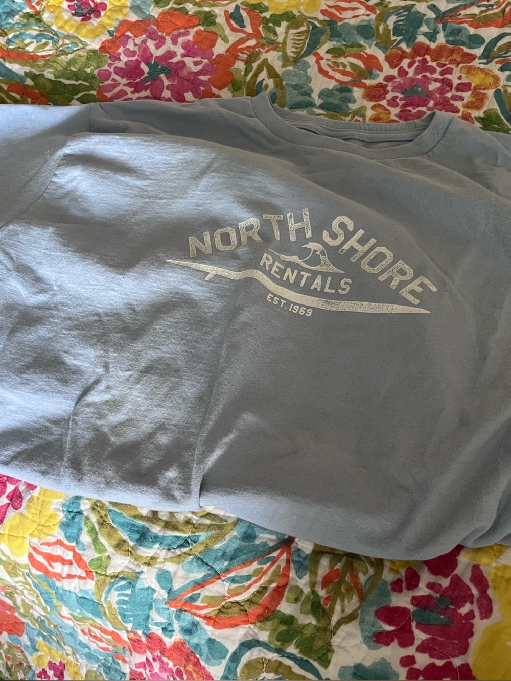 GAP Light Blue Short Sleeve Tee with White North Shore Rentals Logo